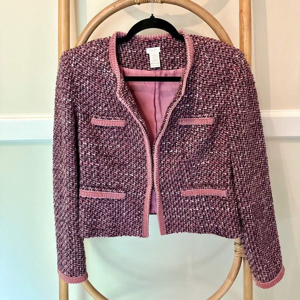 Aqua 2000s Women’s Tweed Jacket with Dusty Pink Velvet Ruffle Trim